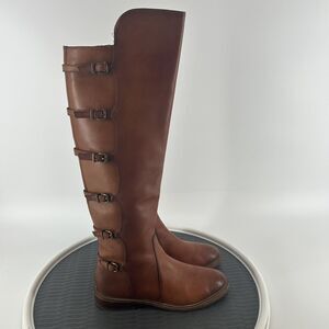 Gianni Bini Womens Size 6M KORBINN Brown Leather Knee High Boots Buckles Flats